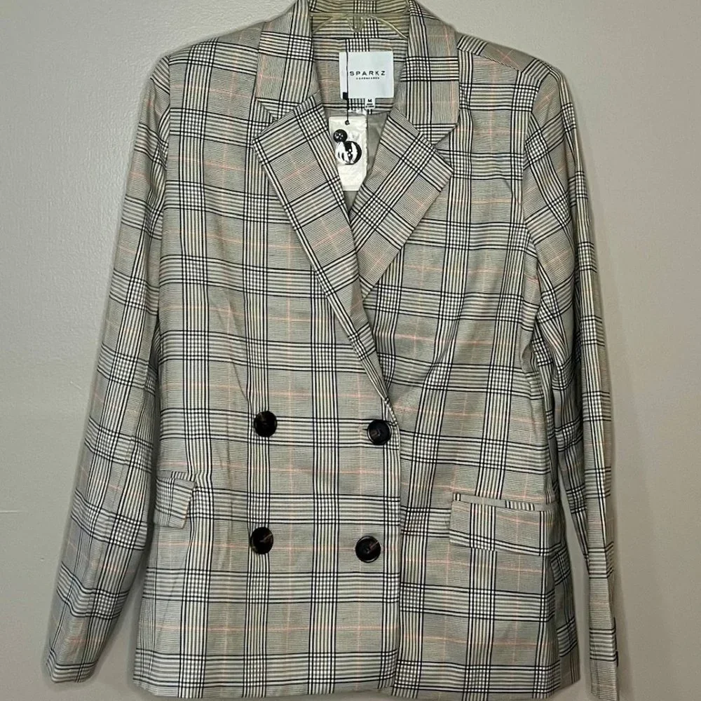 #69 NWT SPARKZ COPENHAGEN Plaid Double Breasted Blazer Lined XS S M Casual - Picture 1 of 10